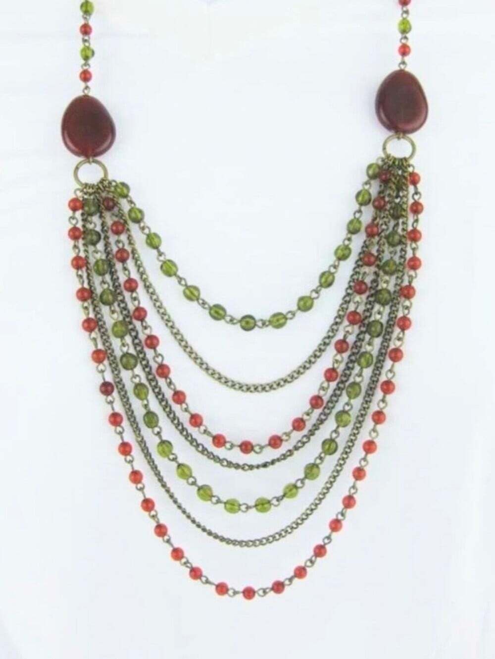 Vintage Avon Green & Red Multi-Strand Layered Bohemian Beaded Necklace